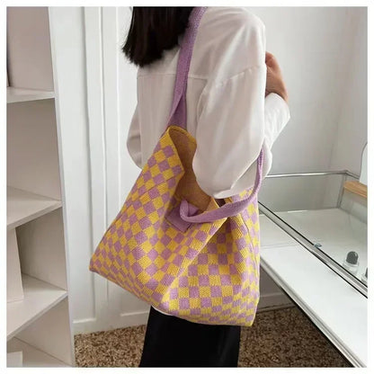 Plaid Wool Knitted Tote Bag, Color-Matched Design