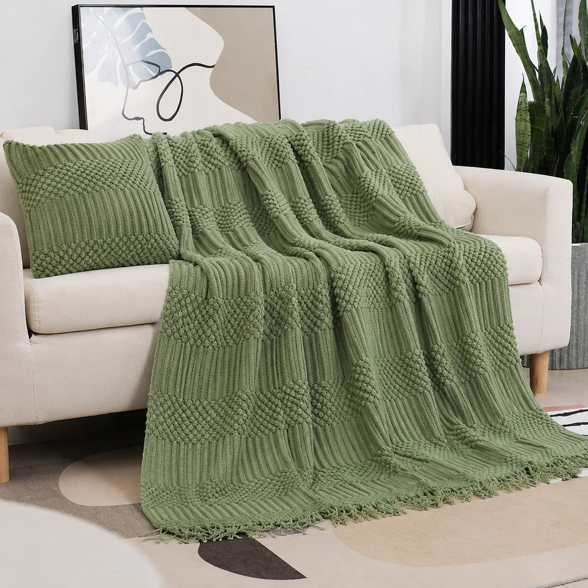 Beige Openwork Textured Knit Throw Blanket with Tassel Fringe, Soft Knitted Decorative Blanket, Lightweight Cozy Cover for Couch Sofa Bed, Boho Farmhouse Home Decor for Living Room Bedroom