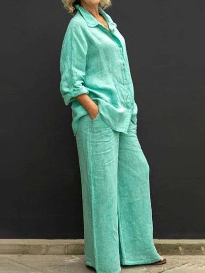 Women's Lapel Shirt & Wide-Leg Pants — Casual Two-Piece Set