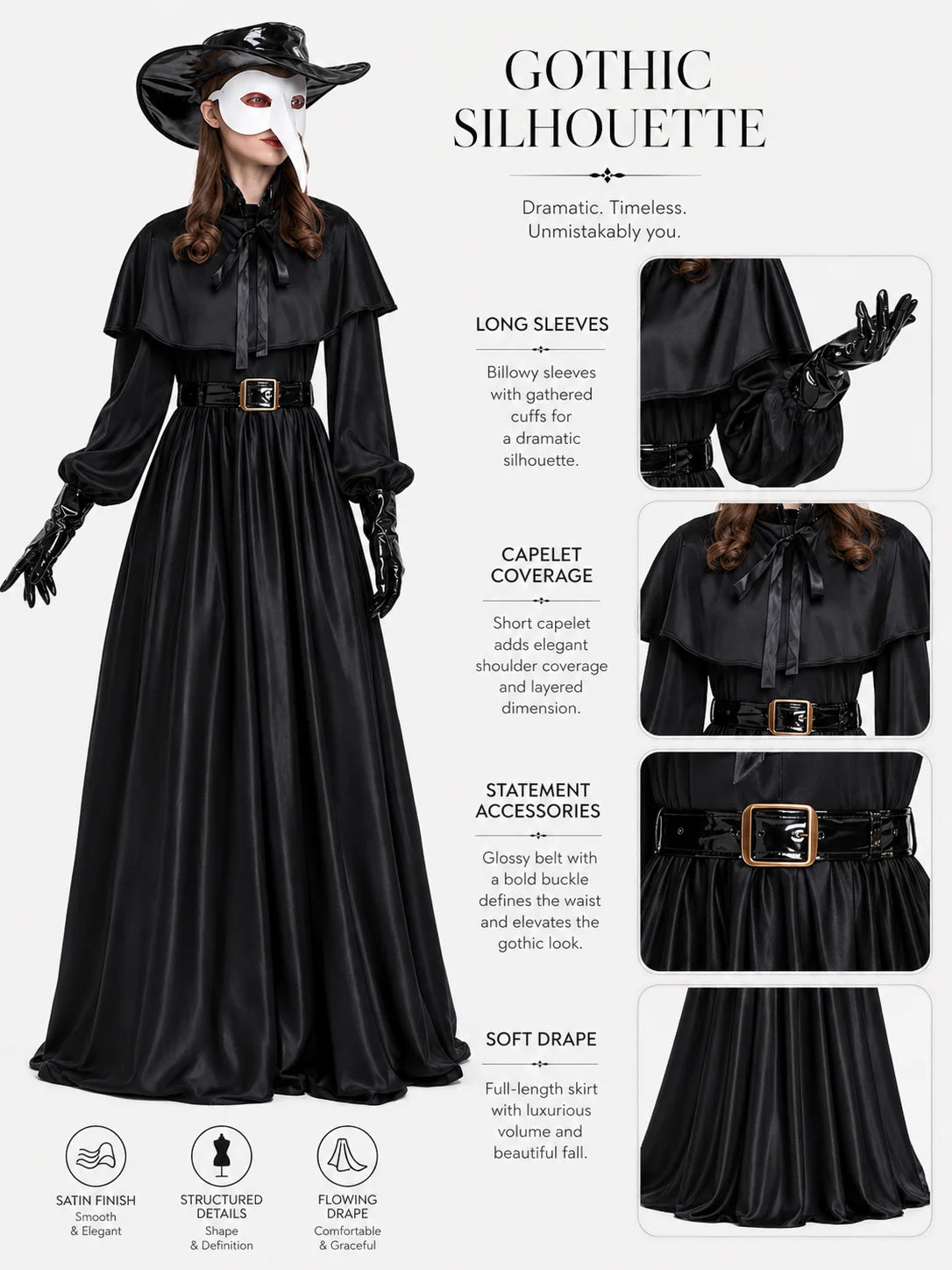 Women Plague Doctor Costume Set Medieval Gothic Long Dress with Cape Belt Hat Gloves Bird Beak Mask Steampunk Halloween Cosplay Outfit for Carnival Party