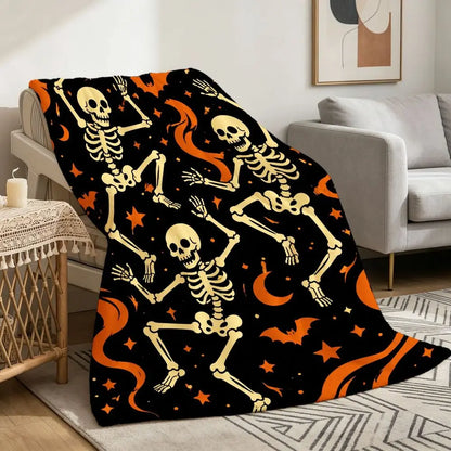 Halloween Skeleton Dancing Decorative Throw Blanket Soft Cozy Flannel Large Festive Blanket for Sofa Bed Couch Travel Camping Living Room Warm Bedspread Night Party Gift
