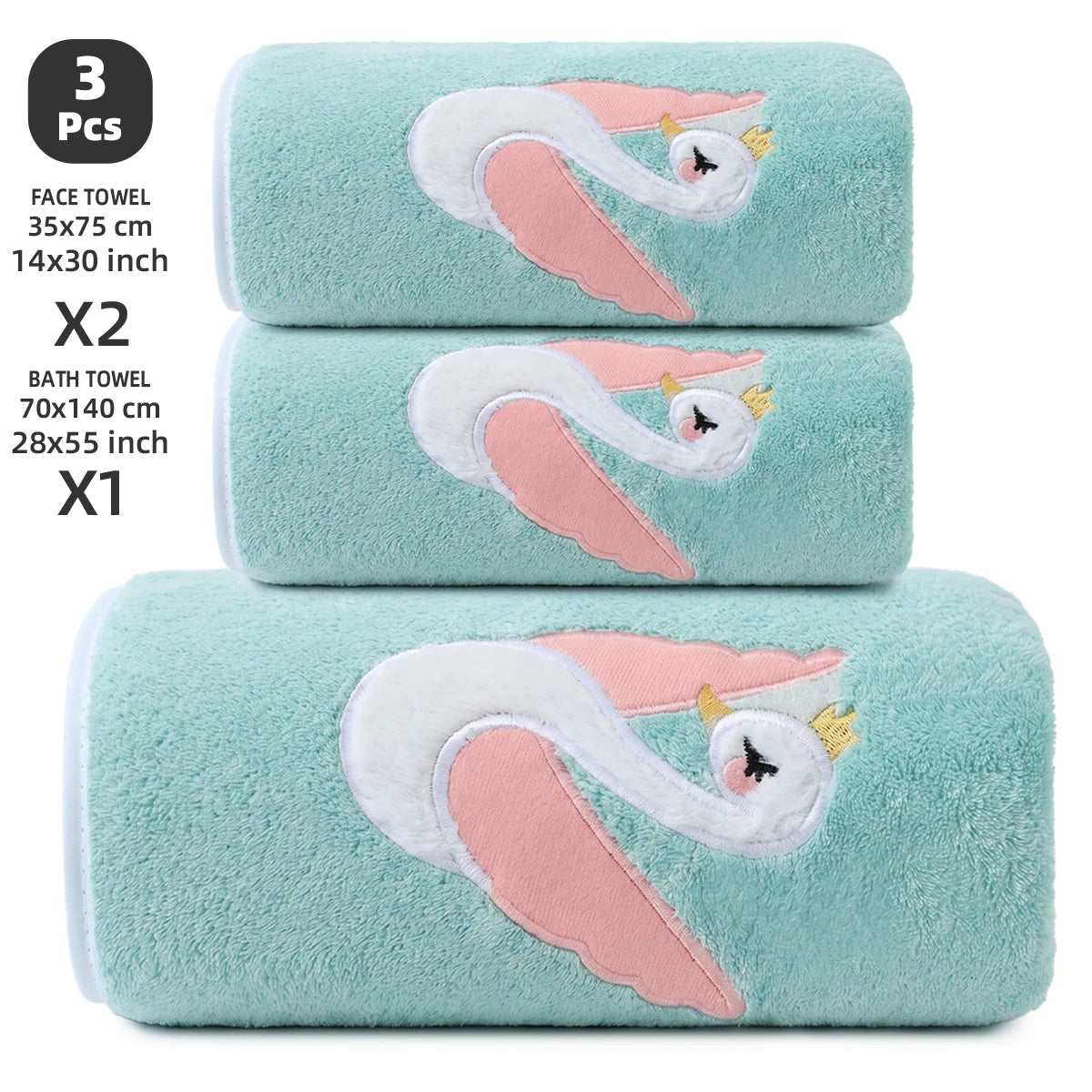 3-Piece Towel Set, 1 Bath Towel + 2 Hand Towels, Elegant Swan Embroidery