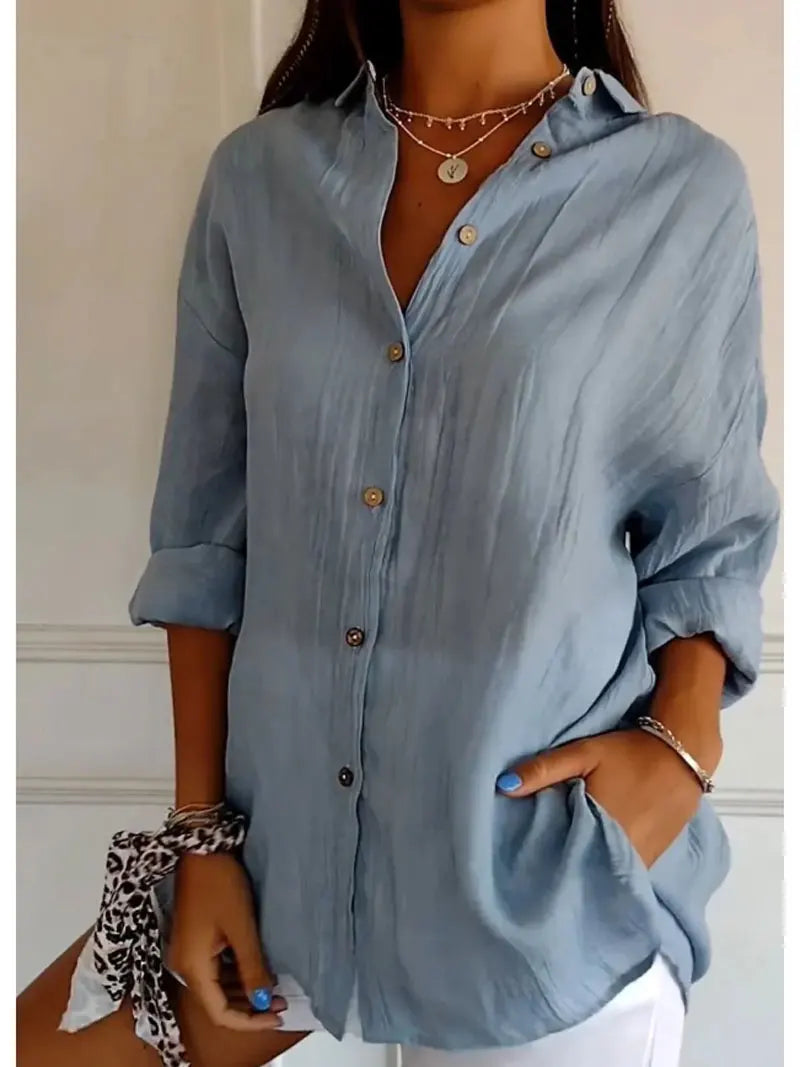 Women's Lapel Long Sleeve Solid Shirt — Casual Single Breasted Blouse Top