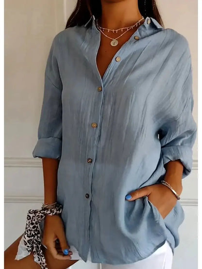 Women's Lapel Long Sleeve Solid Shirt — Casual Single Breasted Blouse Top