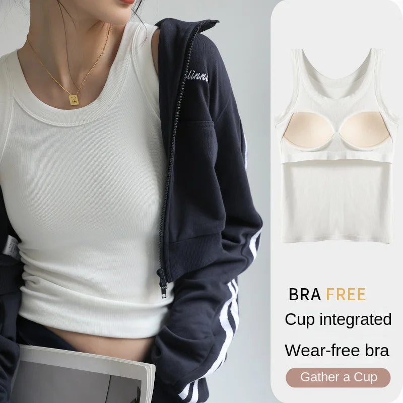 Women's Solid Round Neck Ribbed Tank Top — Y2K Elastic Camisole Vest with Chest Pad