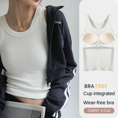 Women's Solid Round Neck Ribbed Tank Top — Y2K Elastic Camisole Vest with Chest Pad