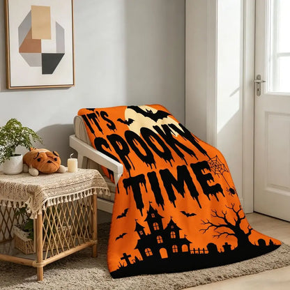 Halloween Fleece Throw Blanket Soft Cozy Large Orange Black Spooky Graphics IT's SPOOKY TIME Bats Full Moon Haunted Mansion Tree Spiderweb Graveyard for Sofa Couch Decor
