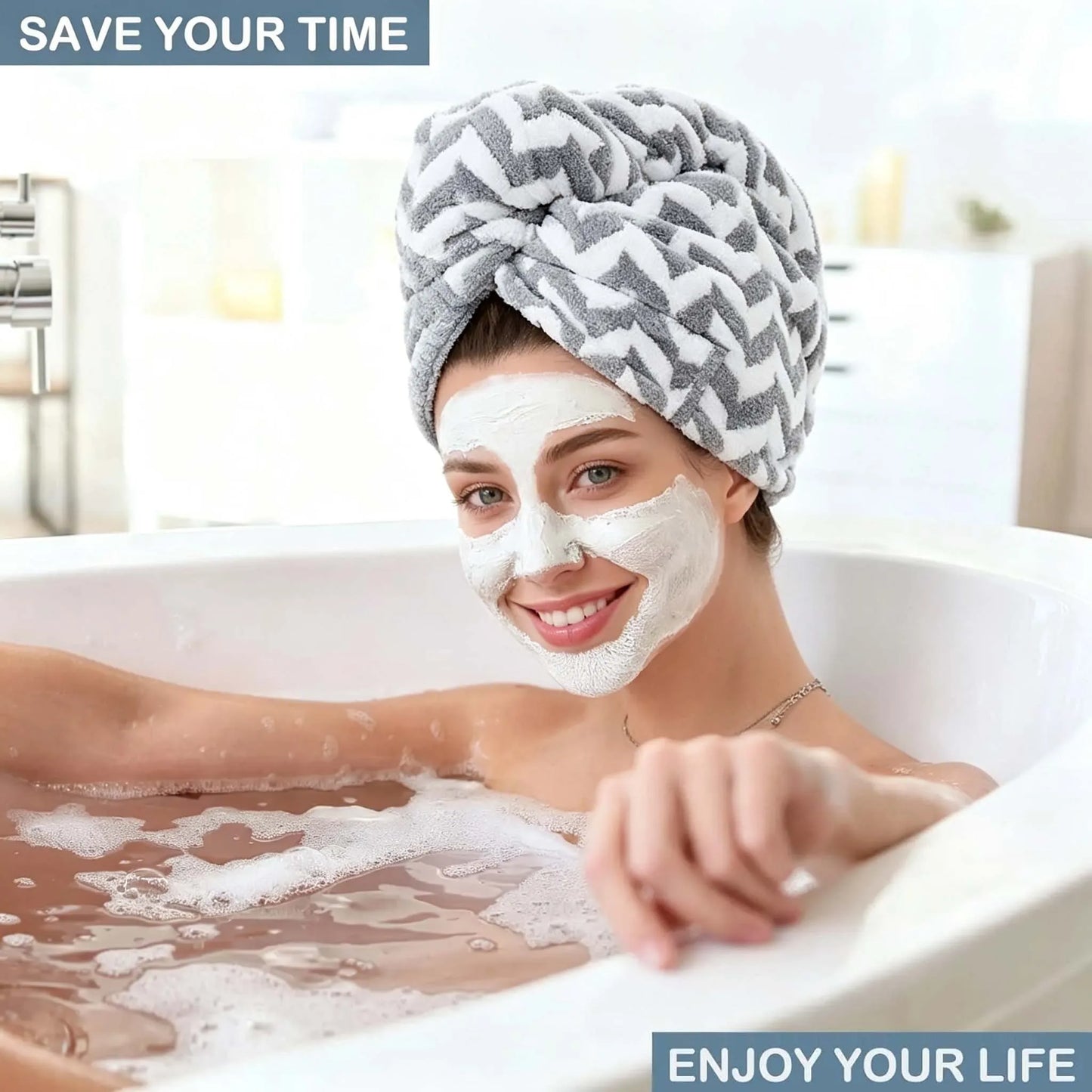 Striped Quick-Dry Towel Bag with Hair Cap — Bathroom Essential