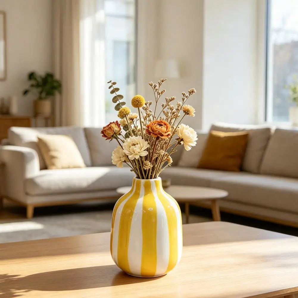 Hand-Painted Ceramic Striped Vase — Nordic Boho Decorative Flower Container for Home