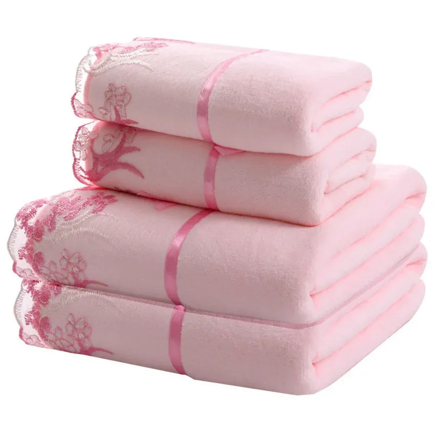 Lace Embroidered Bath Towel Set Microfiber for Adults Colourful Tree