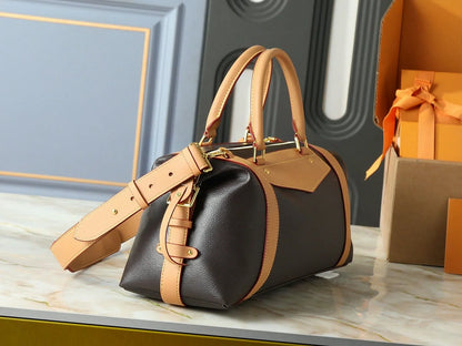 Dark Brown Pebbled Leather Boston Duffle Bag
