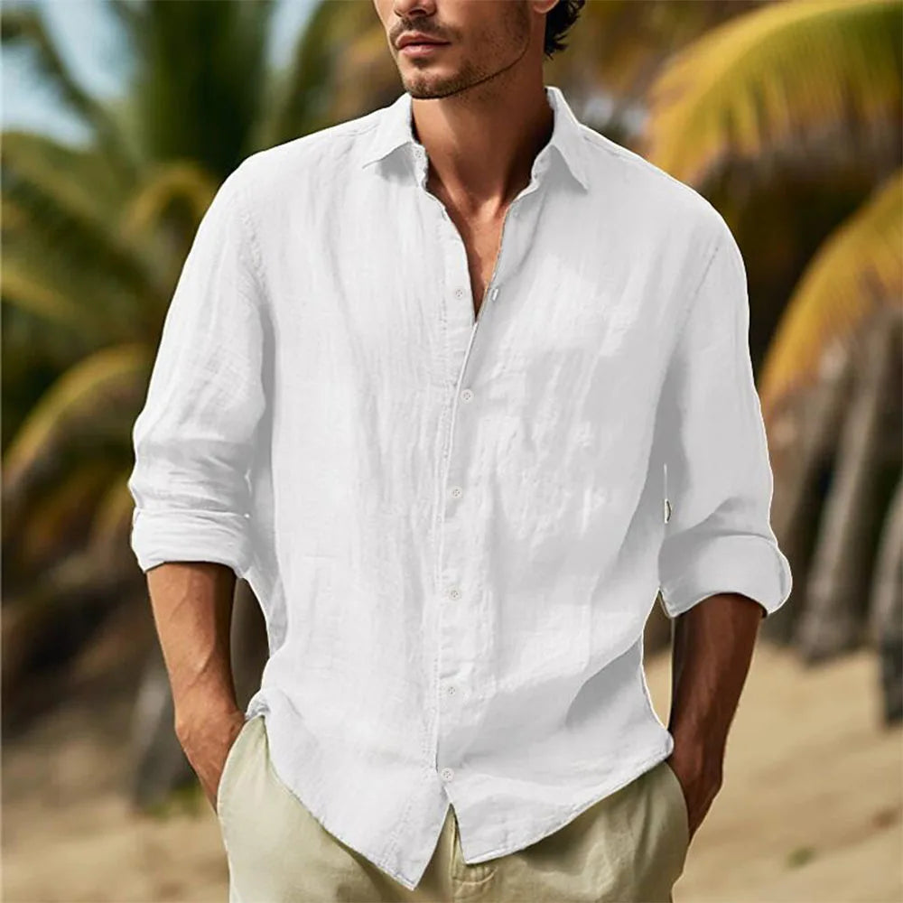 Men's Cotton Linen Hawaiian Casual Shirt — Turn Down Collar Solid Breathable White Shirt