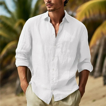 Men's Cotton Linen Hawaiian Casual Shirt — Turn Down Collar Solid Breathable White Shirt