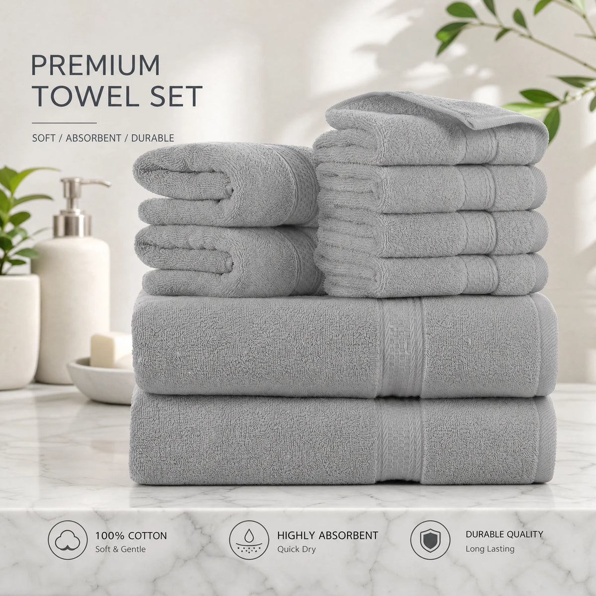 Towels 8 Piece Majestic Plush Luxury Towel Set, Cotton, Grey | Majestic - Bath Towel Set