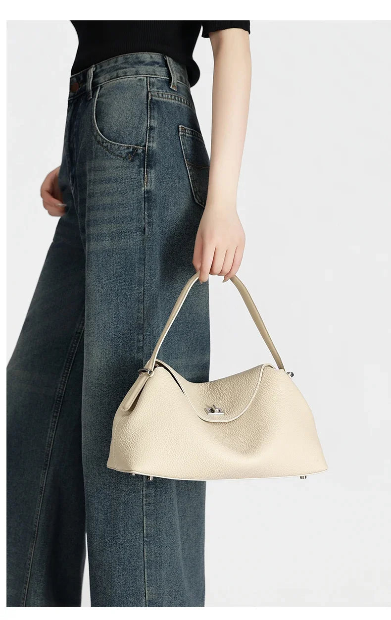 Retro Cowhide Leather Tote, Large Capacity Shopping Bag