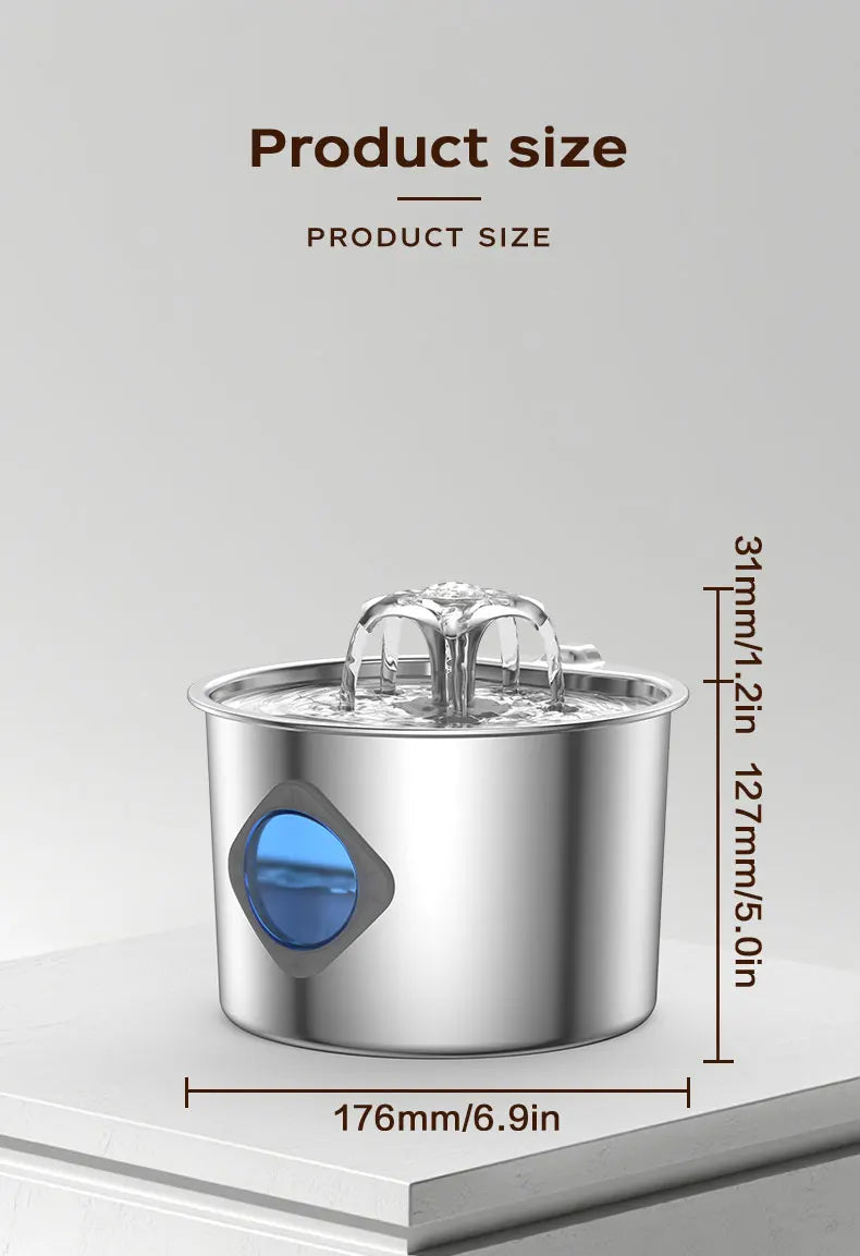 Stainless Steel Cat Water Fountain, 74oz, Quiet Pump