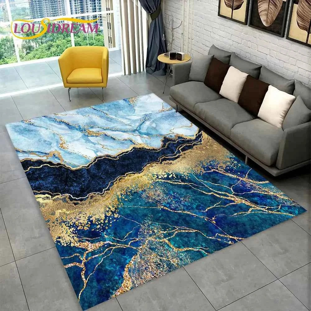 Nordic Blue Golden Colour Marble Geometric Area Rug,Carpet Rug for Living Room Bedroom Sofa Doormat Decor,Kid Non-slip Floor Mat