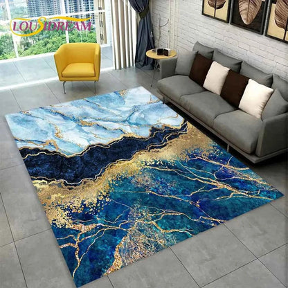 Nordic Blue Golden Colour Marble Geometric Area Rug,Carpet Rug for Living Room Bedroom Sofa Doormat Decor,Kid Non-slip Floor Mat
