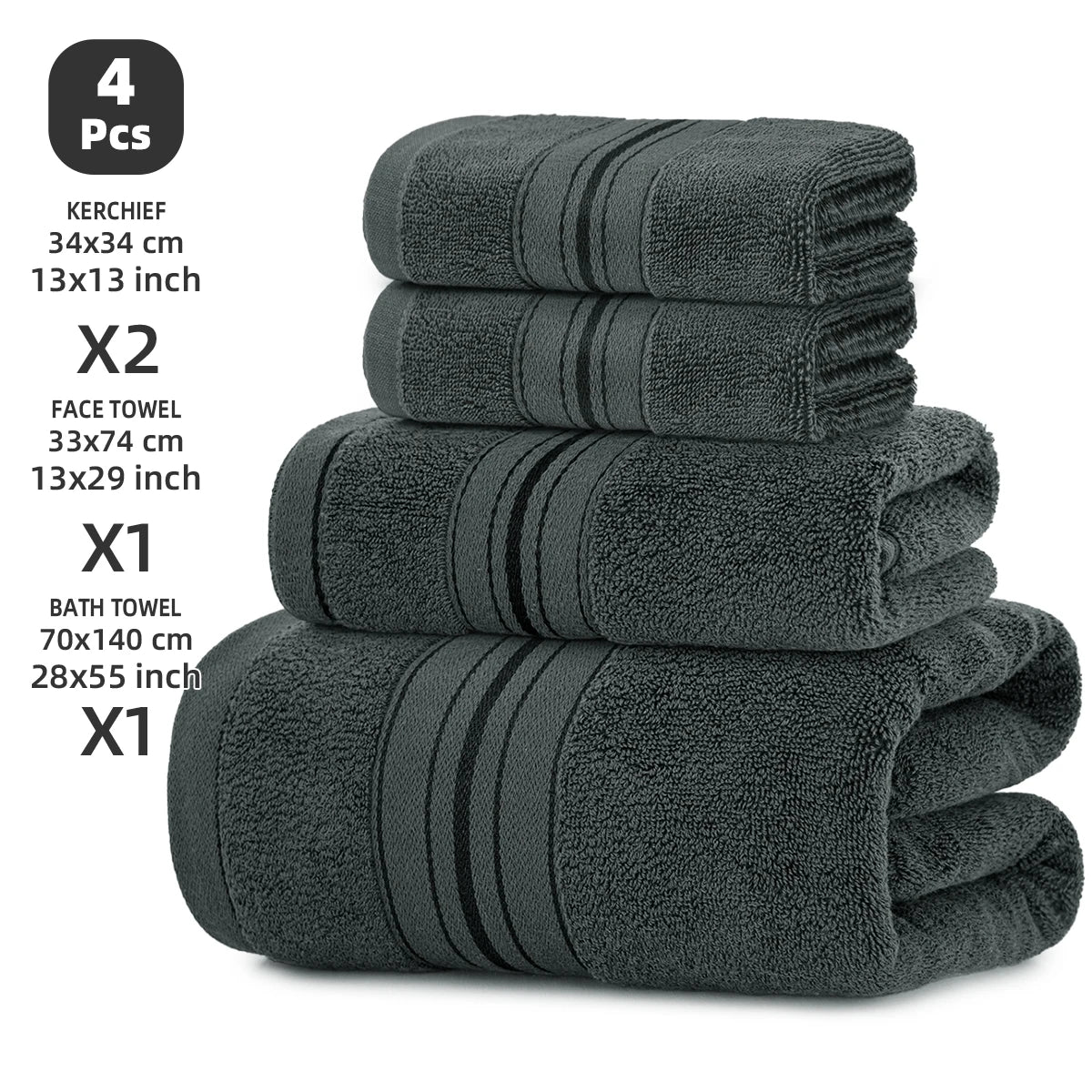 4-Piece Luxury Pure Cotton Bath Towel Set, 1 Bath Towel + 1 Face Towel