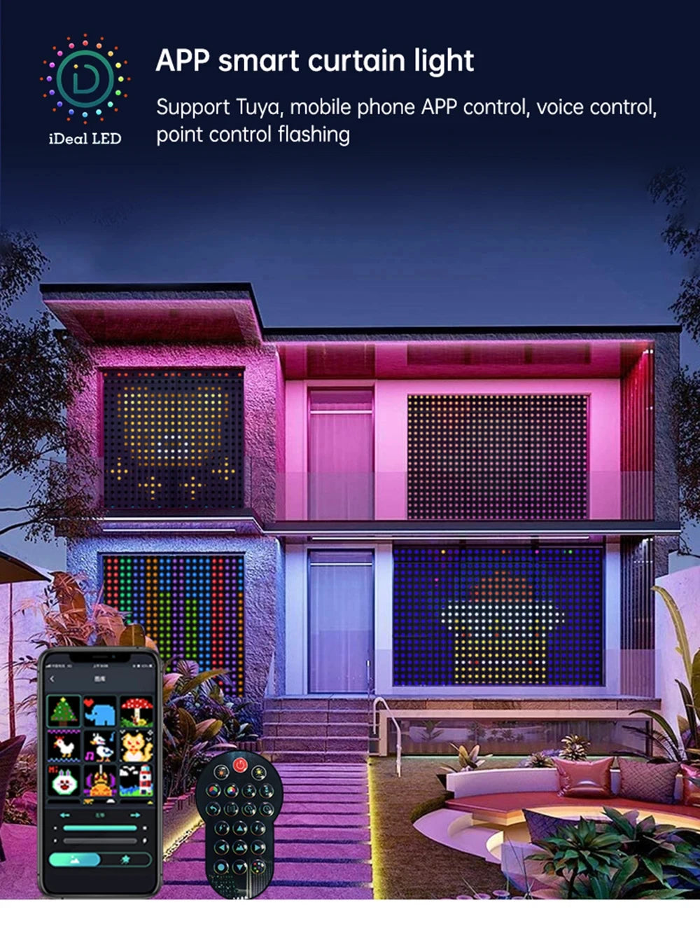Smart Curtain Lights Bluetooth App LED String RGB Fairy Lights DIY Picture Music Change Display Christmas Halloween Decoration