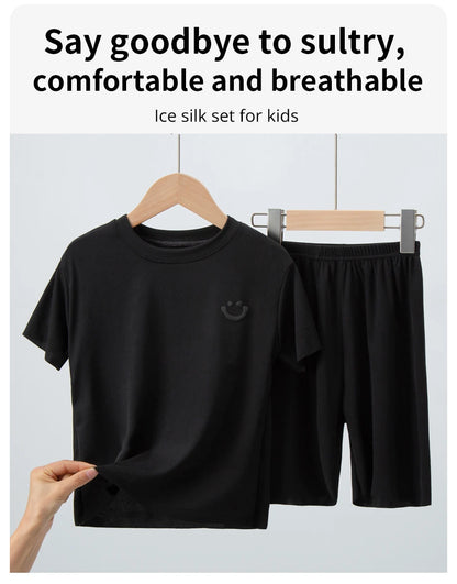 Children's Ice Silk Pajamas, Summer Thin Short Sleeved Shorts, 2-Piece Set of Big Boys and Girls' Home Clothing Set