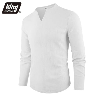 Men's Cotton Linen V-Neck Long Sleeve T-Shirt — Casual Solid Color Breathable Cozy Top