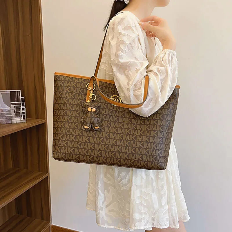 Letter-Print Tote with Cartoon Bear Charm