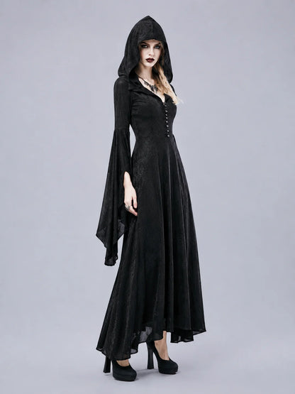 Women Gothic Witch Hooded Maxi Dress Bell Long Sleeve Jacquard Mesh V‑Neck Button Front Floor‑Length Gown Halloween Cosplay Costume for Party Carnival