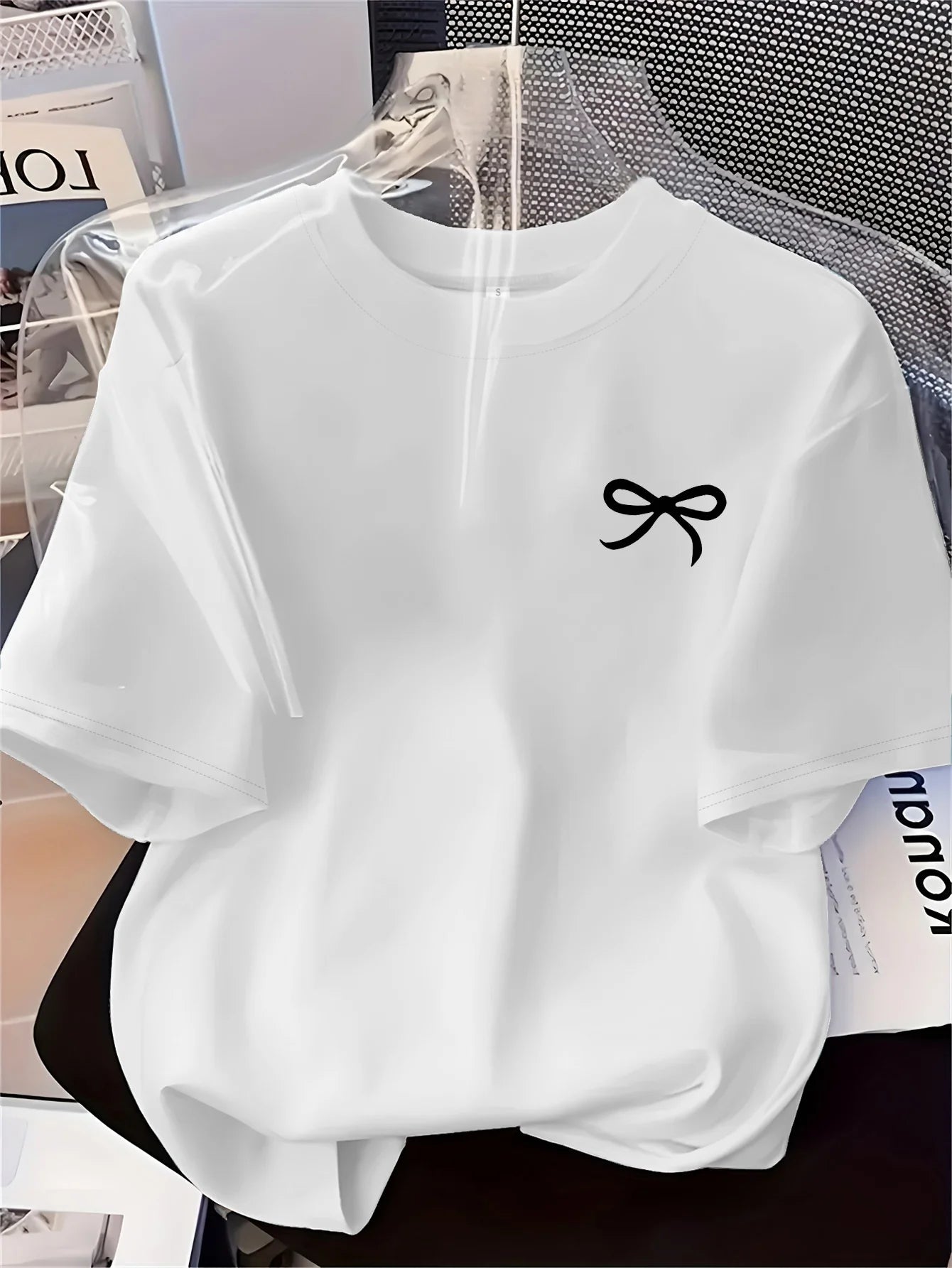 Women's Black Bow Print T-Shirt — Simple Casual Fashion Short Sleeve Top