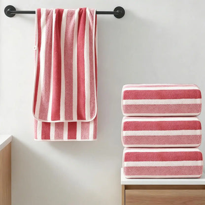 Oversized Striped Coral Fleece Bath Towel Ultra Soft Thickened Shower - Beach Towel