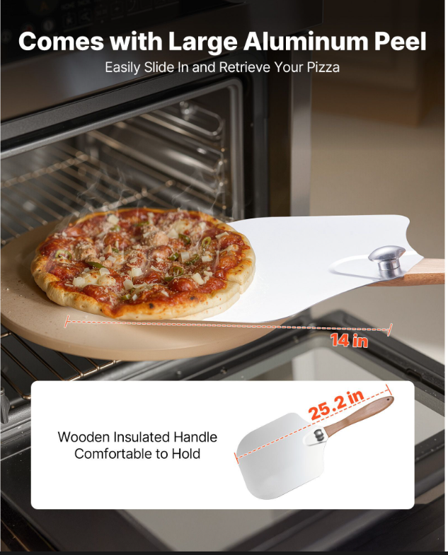 Large 15" Cordierite Baking Stone with Metal Peel Scrape 1450F Heat Resistant Pizza Stone Pizza Tools in Box Packaging