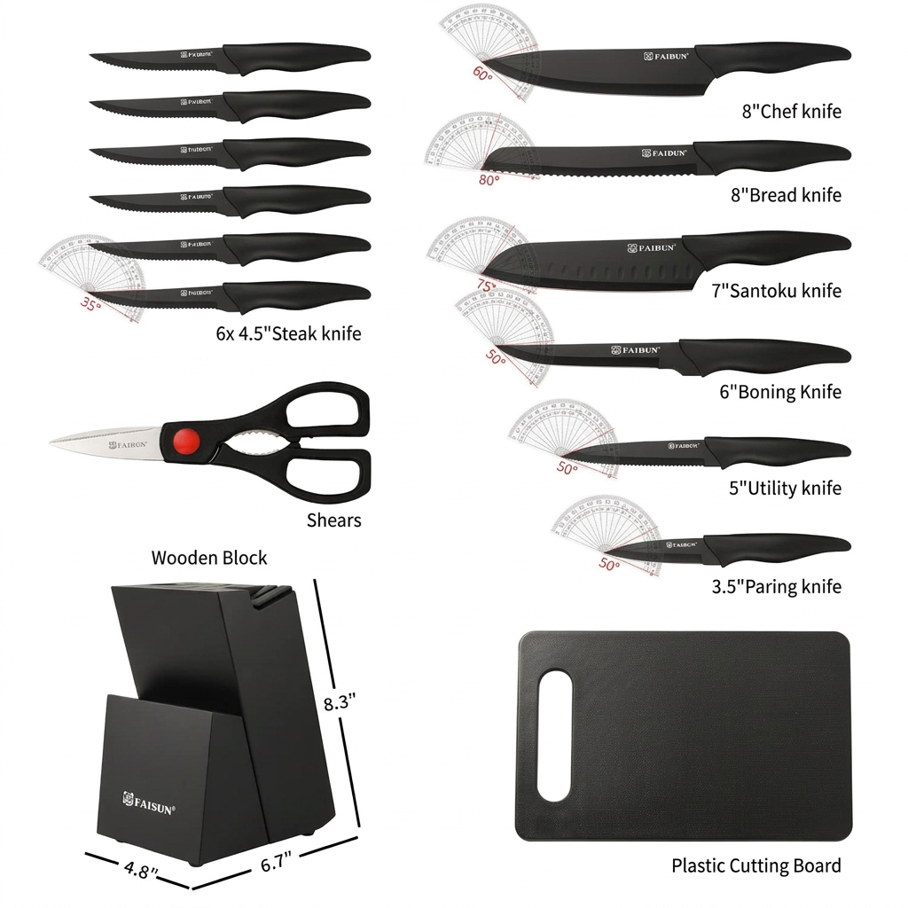 15+1 Pieces Professional Kitchen Knife Set with Plastic Cutting Board and Kitchen Shears and Non-slip PP Handle