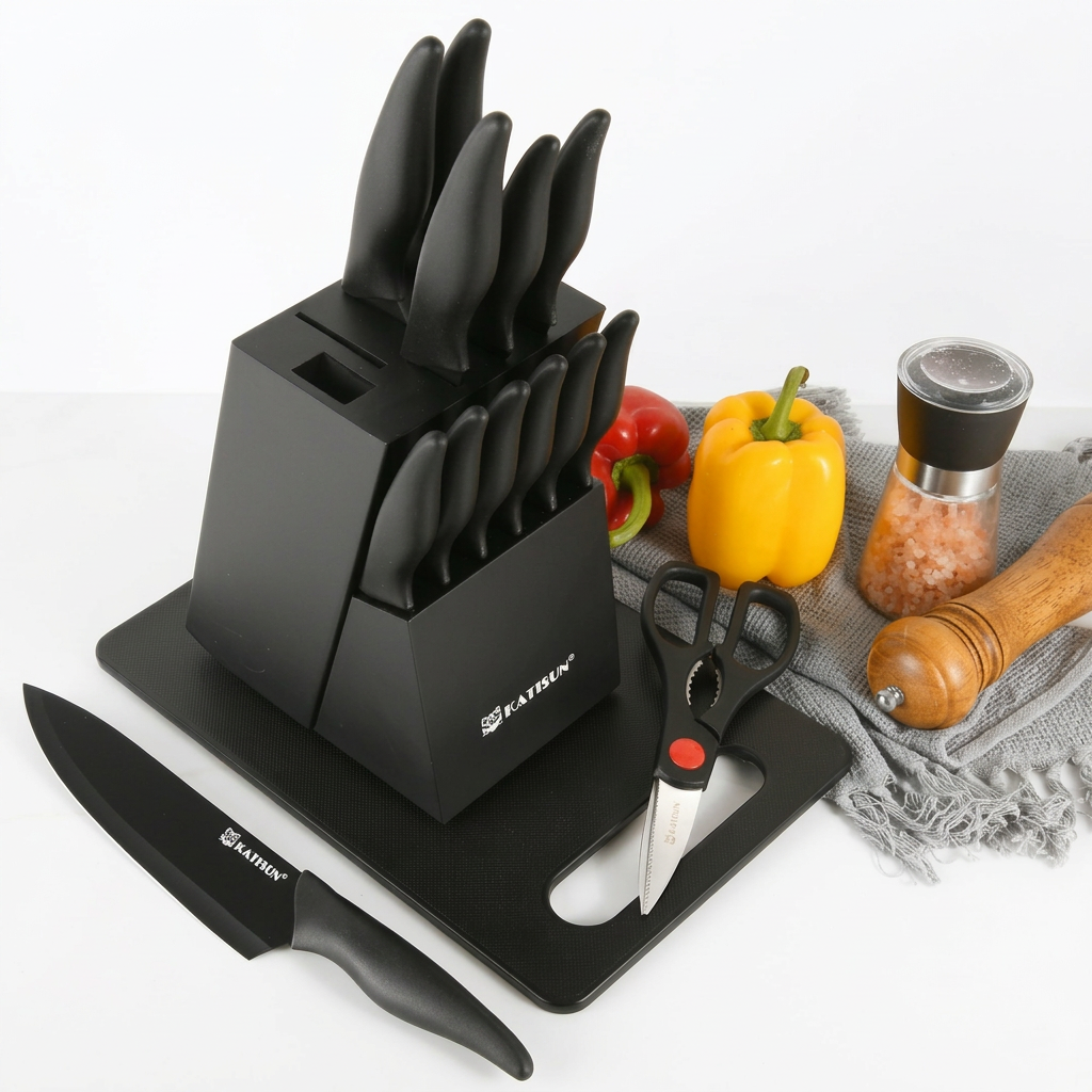 15+1 Pieces Professional Kitchen Knife Set with Plastic Cutting Board and Kitchen Shears and Non-slip PP Handle