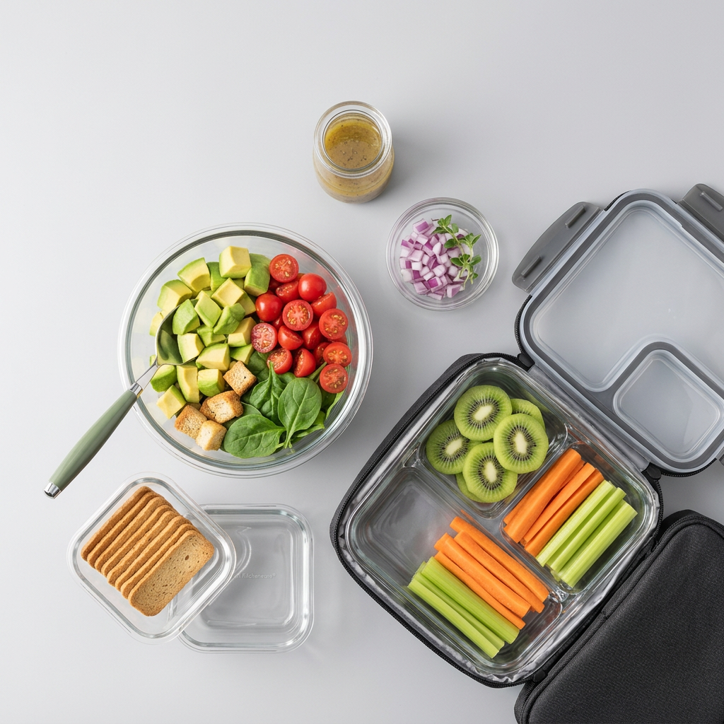 Overhead view of a glass salad container beside crackers, a laptop and a lunch bag