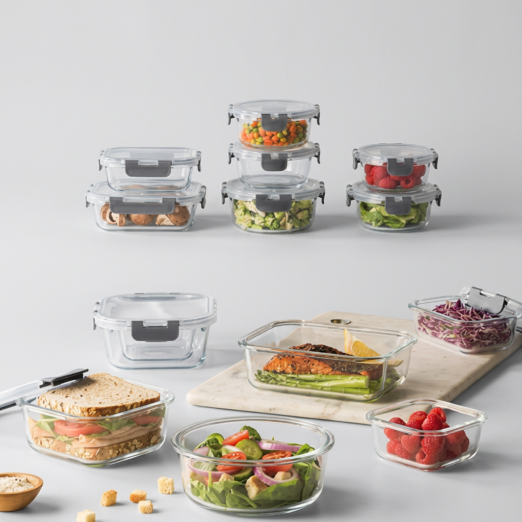 Glass food containers with gray locking lids holding meals and fruit on a kitchen counter