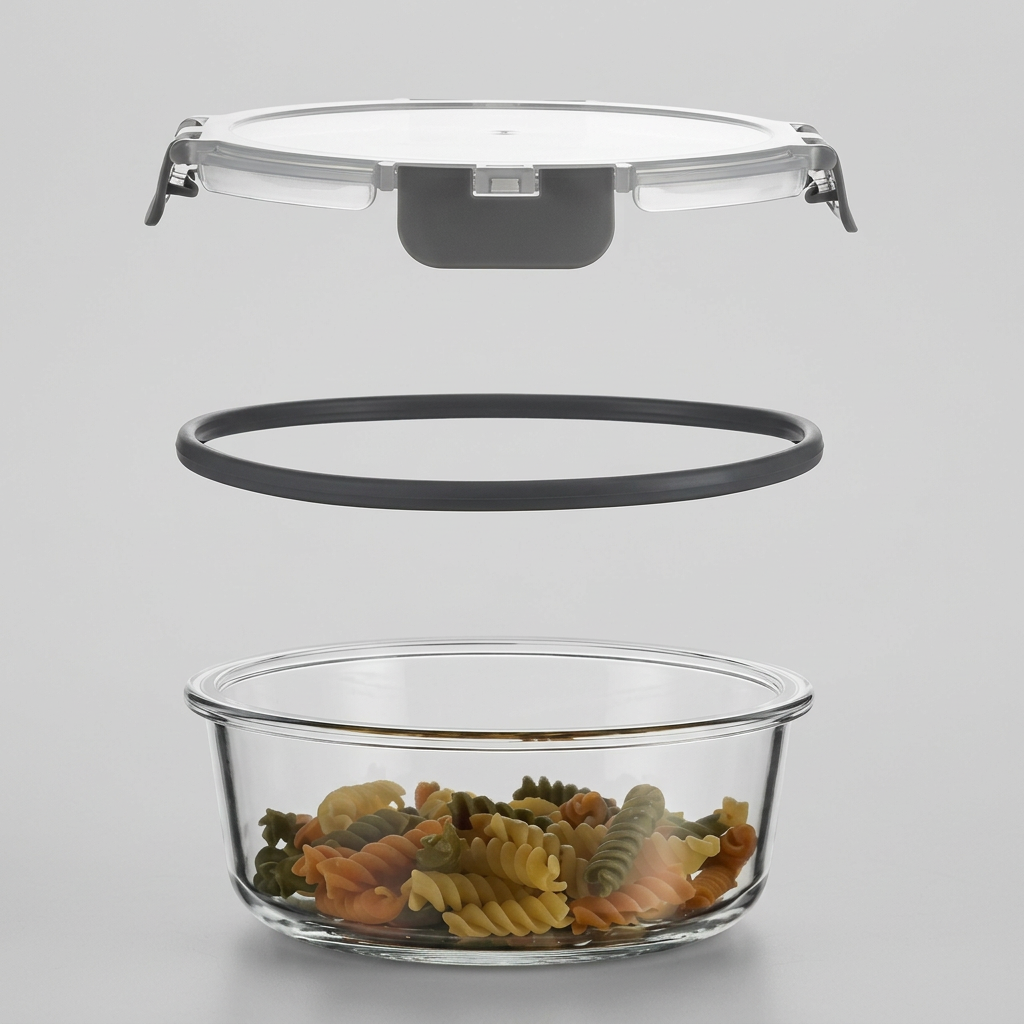 Supplier diagram showing a glass container, separate sealing ring and locking lid