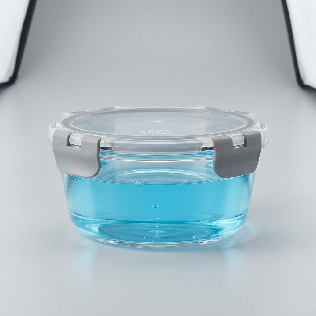 Supplier photo of a hand holding a closed round glass container with blue liquid