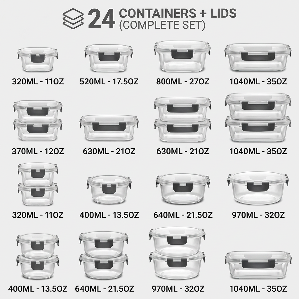 Supplier capacity chart showing rectangular, square and round containers with matching lids