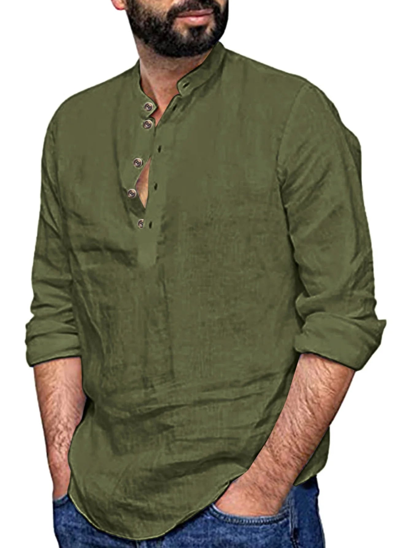 Men's Casual Long Sleeve Henley Shirt — Mandarin Collar Loose Fit Pullover Top