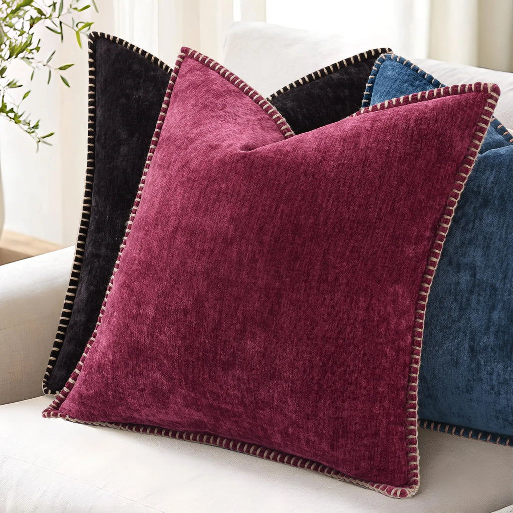 Black Chenille Cushion Cover with Stitched Edge