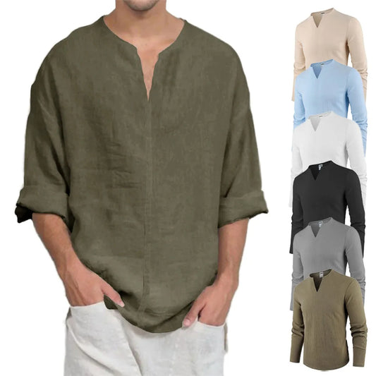 T-shirt Homme Col V Manches Longues en Coton et Lin — Haut Décontracté Respirant pour Tous les Jours