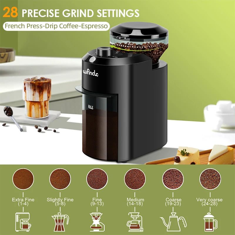Wancle Electric Burr Coffee Grinder | 28 Grind Settings Conical Burr Mill 120V/220V