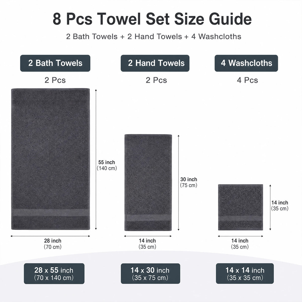 Towels 8 Piece Majestic Plush Luxury Towel Set, Cotton, Grey | Majestic - Bath Towel Set