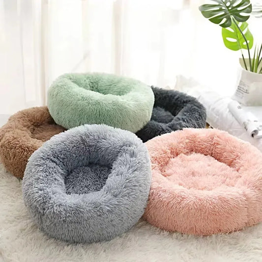 Striped Plush Round Nest Bed for Cats & Dogs
