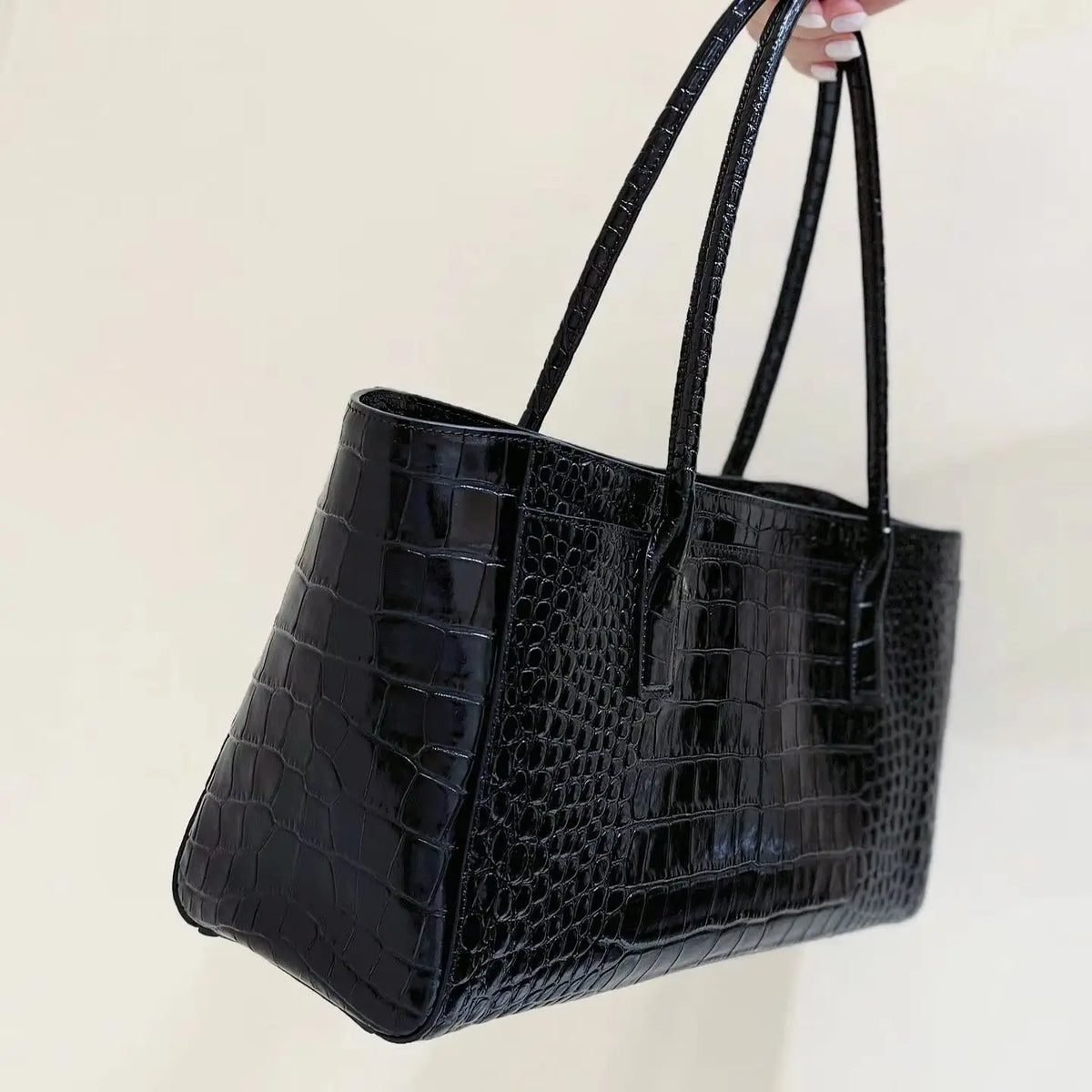 Black Crocodile-Embossed Leather Tote Bag