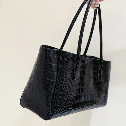Black Crocodile-Embossed Leather Tote Bag