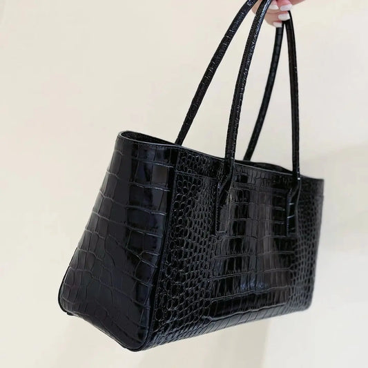 Black Crocodile-Embossed Leather Tote Bag
