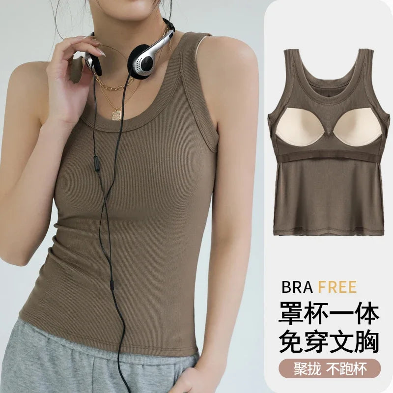Women's Solid Round Neck Ribbed Tank Top — Y2K Elastic Camisole Vest with Chest Pad
