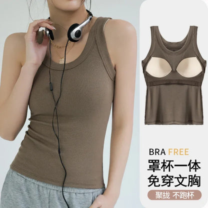 Women's Solid Round Neck Ribbed Tank Top — Y2K Elastic Camisole Vest with Chest Pad