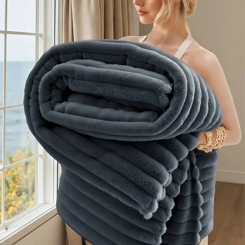 Local warehouse Striped Flannel Fleece BlanketUltra-Soft, Lightweight,Fur Rabbit Blanket 3Lbs,BEST PRICE IN US